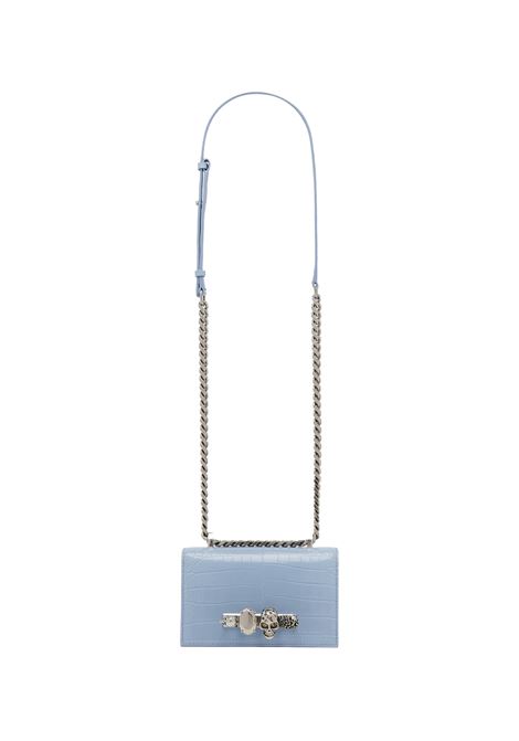 Borsa Mini Jewelled Satchel Azzurra e Argento In Pelle Goffrata Coccodrillo ALEXANDER MCQUEEN | 653134-1HB024900